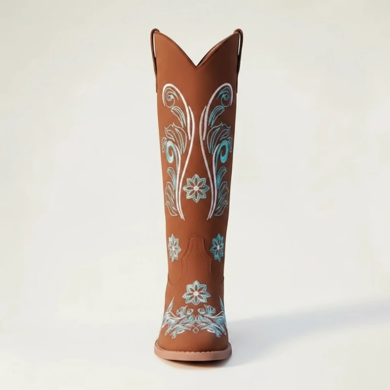 Yehaw Adriana brown vegan suede mid-calf cowgirl boots with light blue and white floral embroidery and round toe