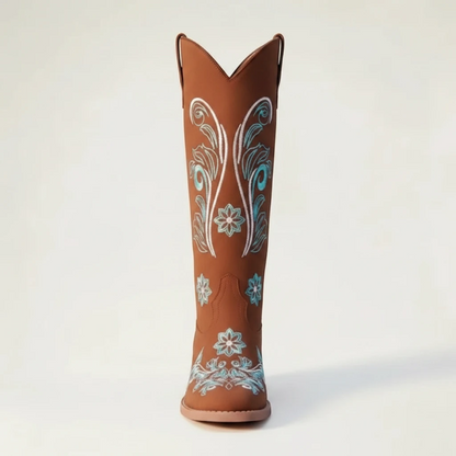 Yehaw Adriana brown vegan suede mid-calf cowgirl boots with light blue and white floral embroidery and round toe