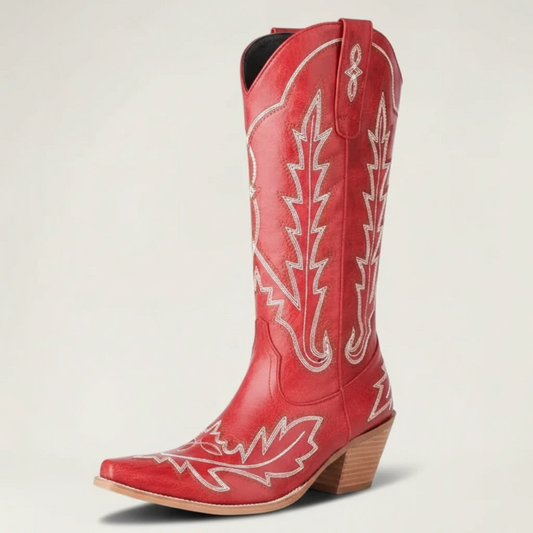 Yehaw SALLY red vegan leather mid-calf cowgirl boots with white western stitching and a square toe design.