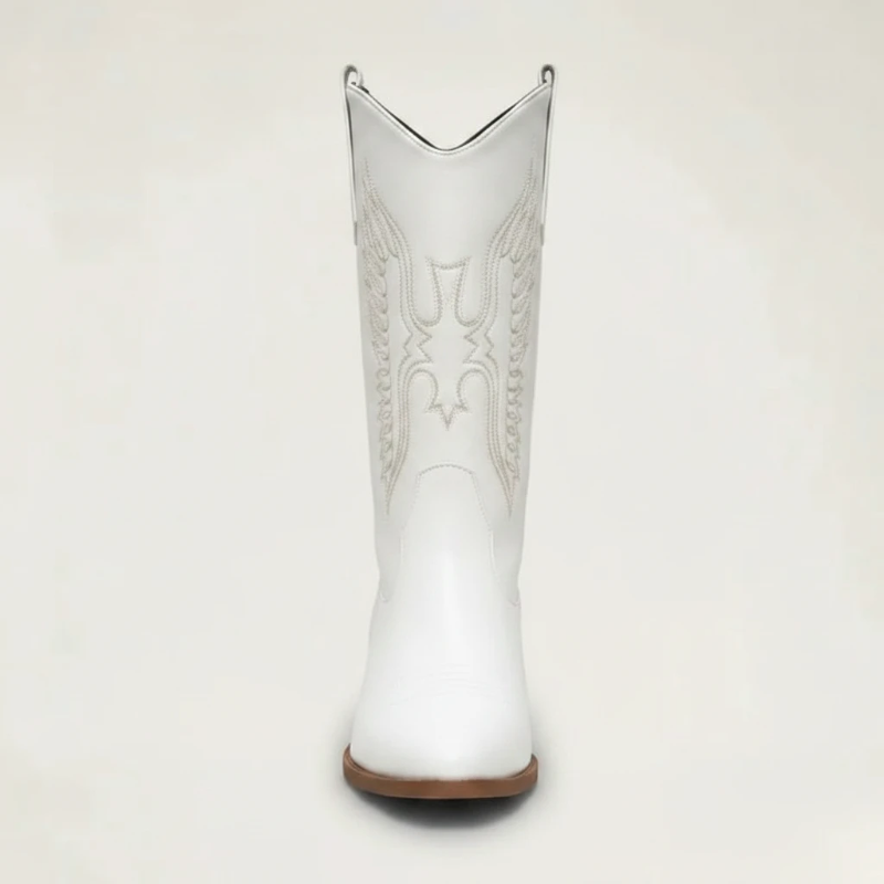 Yehaw Loretta white vegan leather mid-calf cowgirl boots with pointed toe and western embroidery detail