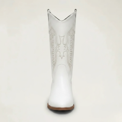 Yehaw Loretta white vegan leather mid-calf cowgirl boots with pointed toe and western embroidery detail