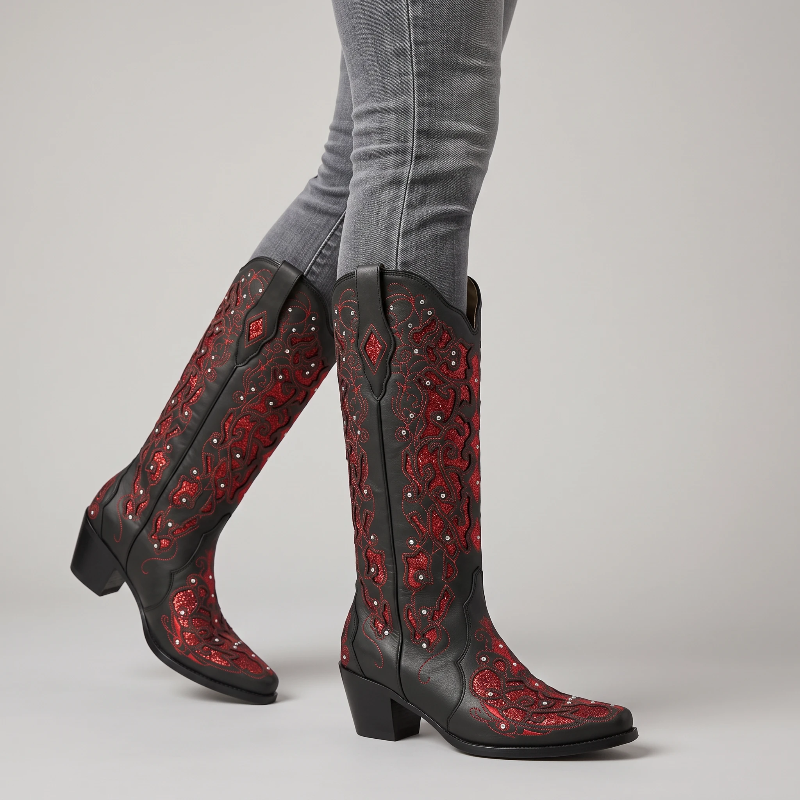 Yehaw Bernarda mid-calf cowgirl boots in black vegan leather with red glitter embroidery and pointed toe design