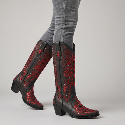 Yehaw Bernarda mid-calf cowgirl boots in black vegan leather with red glitter embroidery and pointed toe design