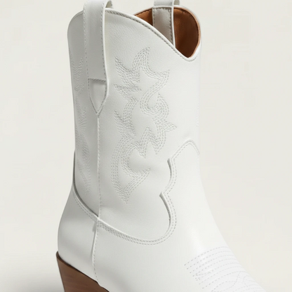 Yehaw CARLA white vegan leather ankle cowgirl boots with pointed toe and medium heel worn by a woman in denim shorts