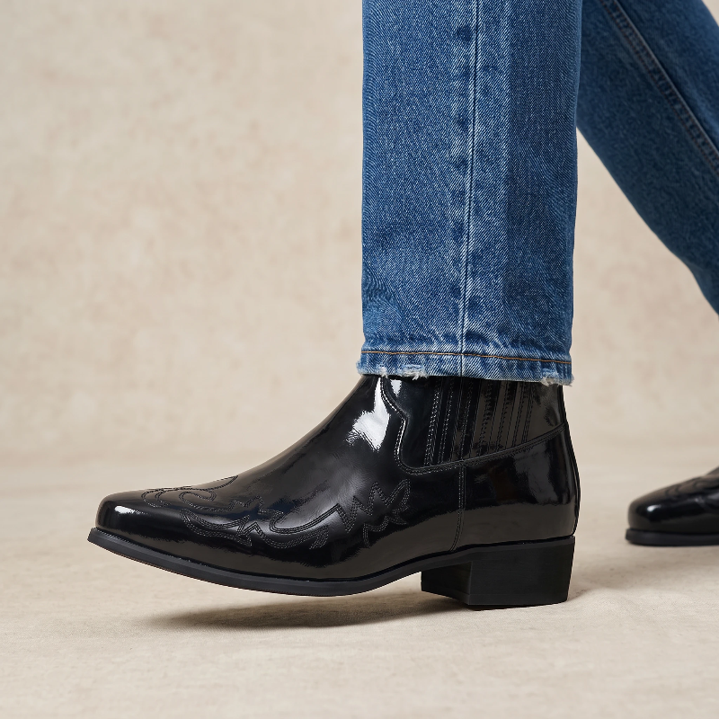 Yehaw black vegan leather ankle cowboy boots with pointed toe and western stitching detail