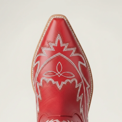 Yehaw SALLY red vegan leather mid-calf cowgirl boots with white western stitching and a square toe design.
