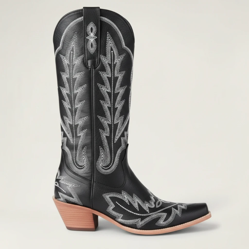 Yehaw SALLY black vegan leather mid-calf cowgirl boots with white western embroidery and a square toe