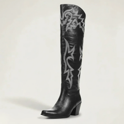 Yehaw BEATRICE black vegan leather knee-high cowgirl boots with white western embroidery and a pointed toe.