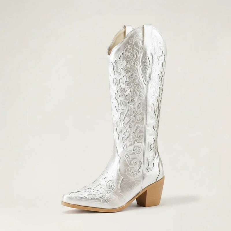 Yehaw Bernarda silver vegan leather mid-calf cowgirl boots with intricate embroidery and a pointed toe