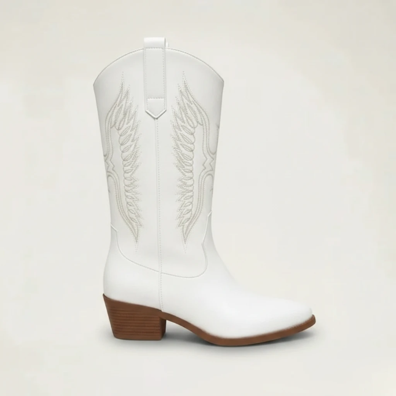 Yehaw Loretta white vegan leather mid-calf cowgirl boots with pointed toe and western embroidery detail