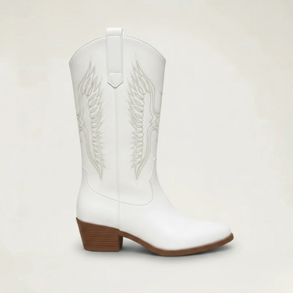 Yehaw Loretta white vegan leather mid-calf cowgirl boots with pointed toe and western embroidery detail