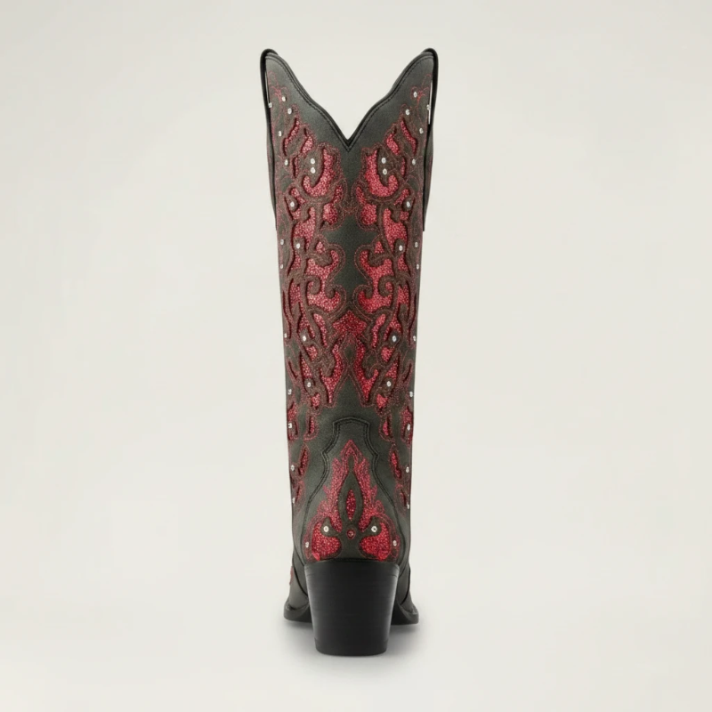 Yehaw Bernarda mid-calf cowgirl boots in black vegan leather with red glitter embroidery and pointed toe design