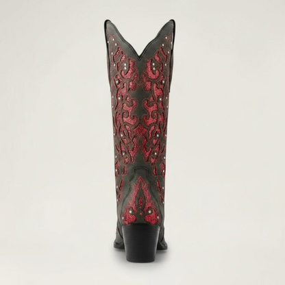 Yehaw Bernarda mid-calf cowgirl boots in black vegan leather with red glitter embroidery and pointed toe design
