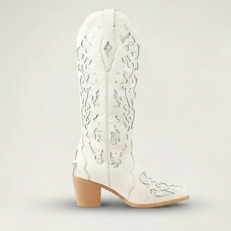 Yehaw BERNARDA beige vegan leather mid-calf cowgirl boots with silver glitter cutout details and a pointed toe.