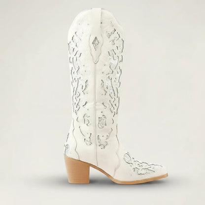 Yehaw BERNARDA beige vegan leather mid-calf cowgirl boots with silver glitter cutout details and a pointed toe.