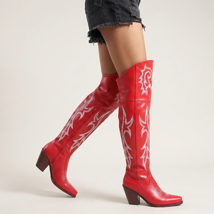 Yehaw BEATRICE red knee-high vegan leather cowgirl boots with white western embroidery and a pointed toe.