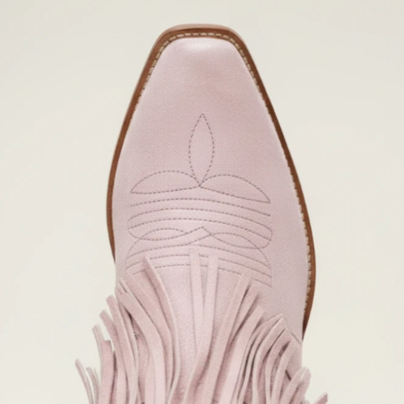Yehaw pink vegan leather cowgirl boots with fringe and pointed toe, mid-calf height.