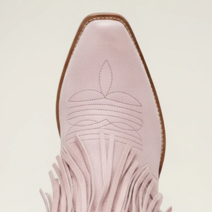 Yehaw pink vegan leather cowgirl boots with fringe and pointed toe, mid-calf height.