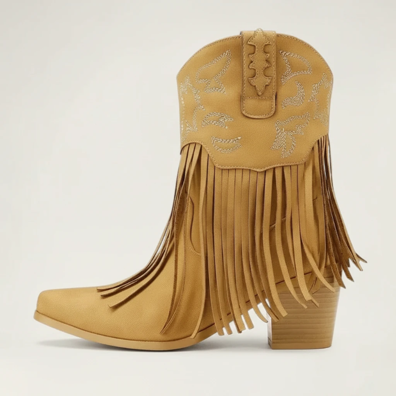 Yehaw DALIA brown vegan leather ankle cowgirl boots with fringe detailing and pointed toe