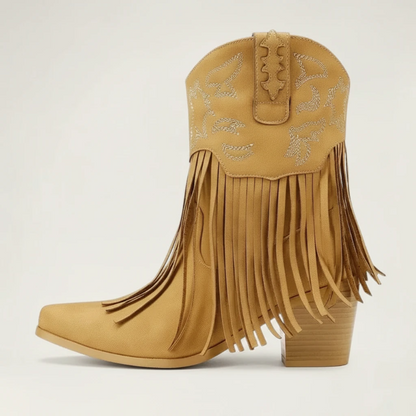 Yehaw DALIA brown vegan leather ankle cowgirl boots with fringe detailing and pointed toe