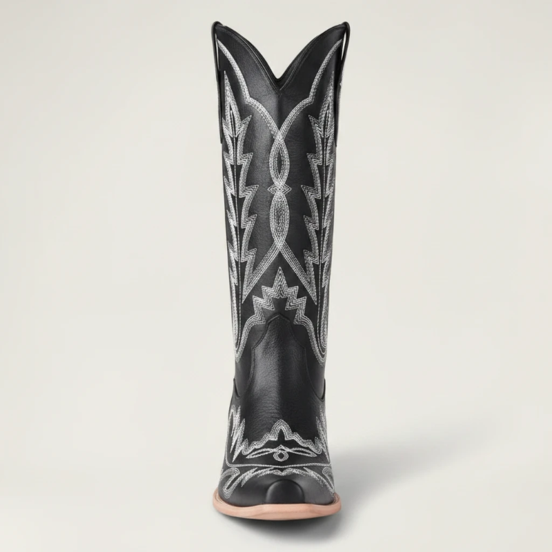 Yehaw SALLY black vegan leather mid-calf cowgirl boots with white western embroidery and a square toe