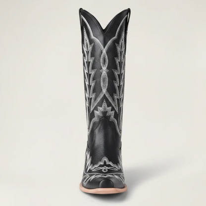 Yehaw SALLY black vegan leather mid-calf cowgirl boots with white western embroidery and a square toe