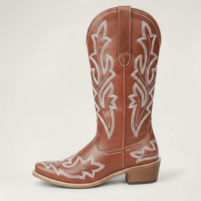 Yehaw brown vegan leather mid-calf cowgirl boots with white western embroidery and a round toe design.