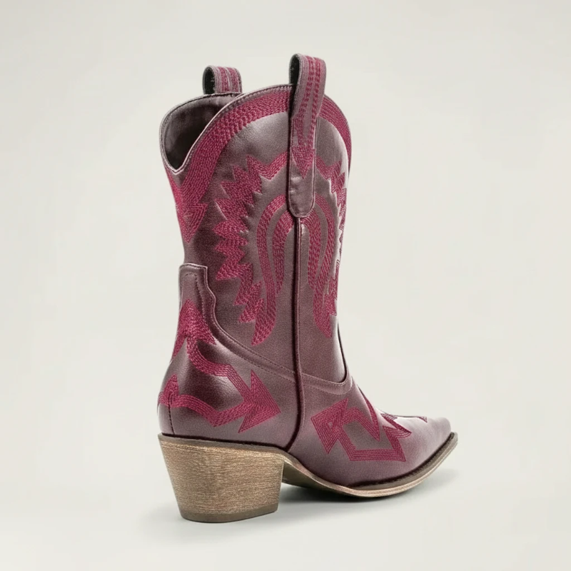 Yehaw CAMILA red vegan leather ankle cowgirl boots with pointed toe and decorative western stitching