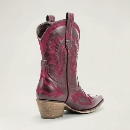 Yehaw CAMILA red vegan leather ankle cowgirl boots with pointed toe and decorative western stitching