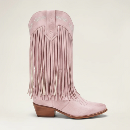 Yehaw pink vegan leather cowgirl boots with fringe and pointed toe, mid-calf height.