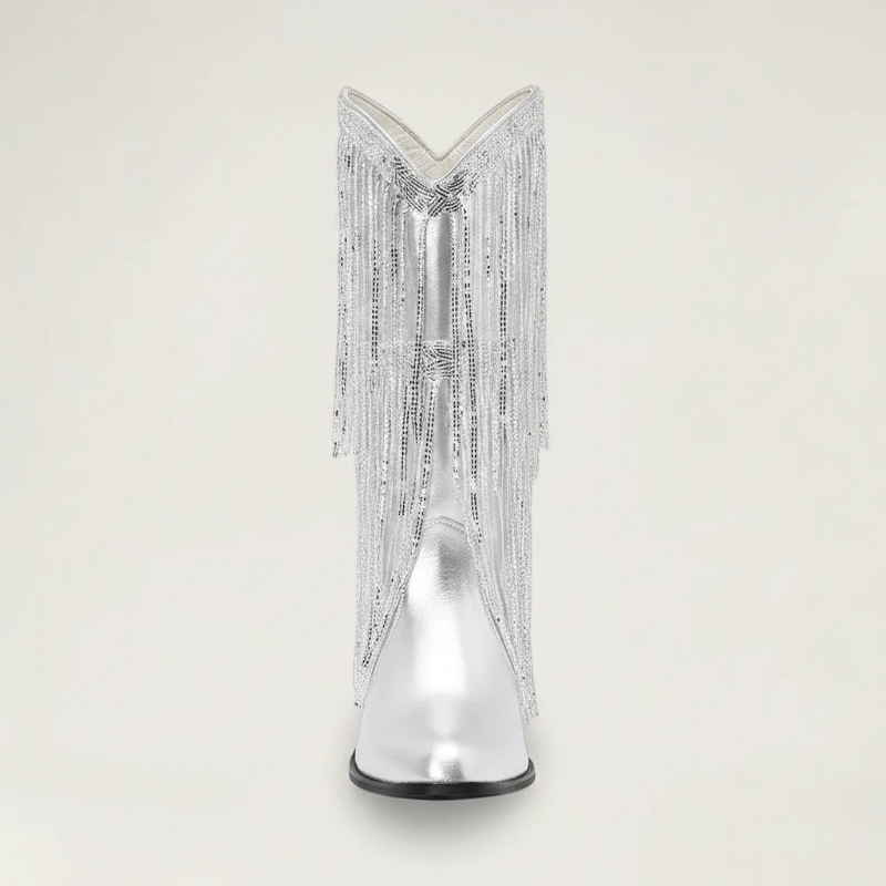 Yehaw TAMMIE silver vegan leather mid-calf cowgirl boots with pointed toe and decorative metallic fringe detailing