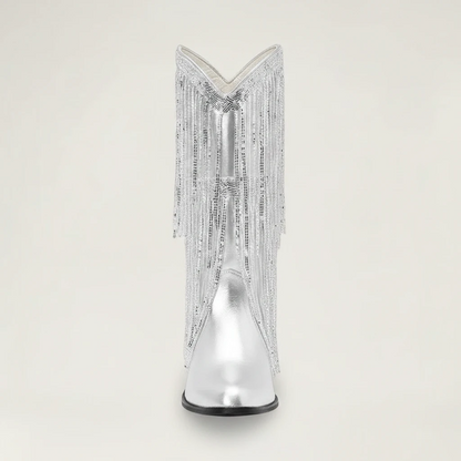 Yehaw TAMMIE silver vegan leather mid-calf cowgirl boots with pointed toe and decorative metallic fringe detailing