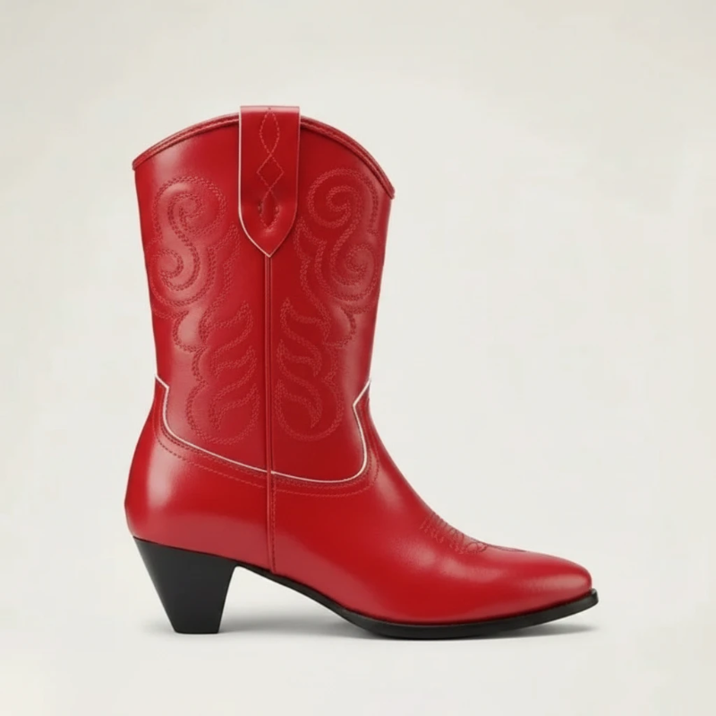 Yehaw LENA red vegan leather ankle cowboy boots with pointed toe, western stitching, and high block heel.