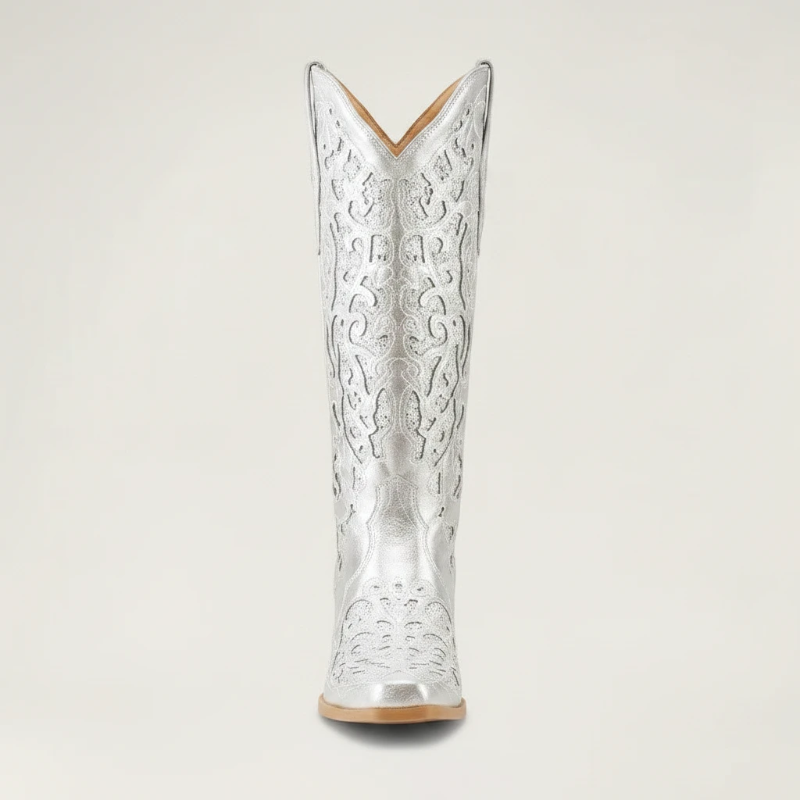 Yehaw Bernarda silver vegan leather mid-calf cowgirl boots with intricate embroidery and a pointed toe