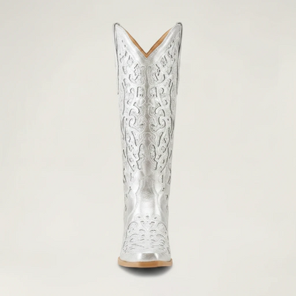 Yehaw Bernarda silver vegan leather mid-calf cowgirl boots with intricate embroidery and a pointed toe