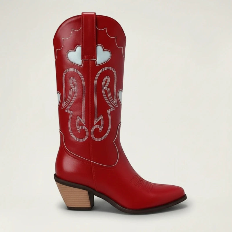Yehaw red vegan leather mid-calf cowgirl boots with white heart embroidery, pointed toe, and stacked block heel.