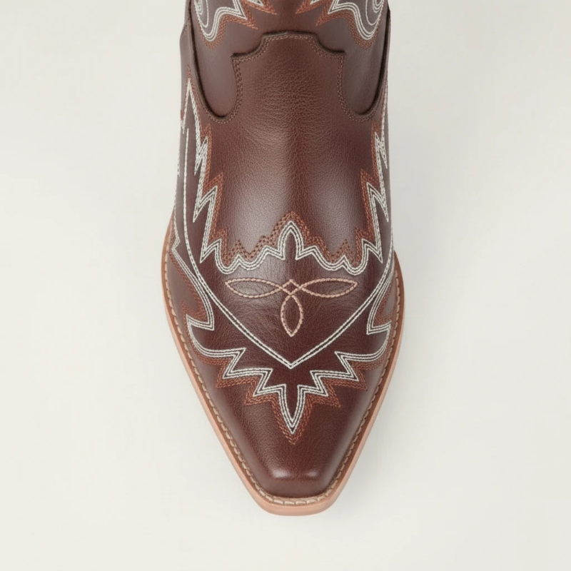 Yehaw SALLY brown vegan leather mid-calf cowgirl boots with white western stitching and a square toe
