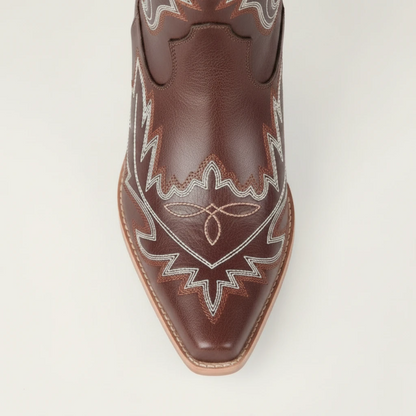Yehaw SALLY brown vegan leather mid-calf cowgirl boots with white western stitching and a square toe