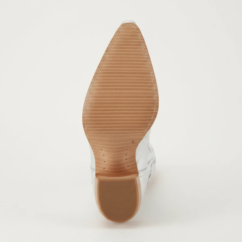 Yehaw Bernarda silver vegan leather mid-calf cowgirl boots with intricate embroidery and a pointed toe