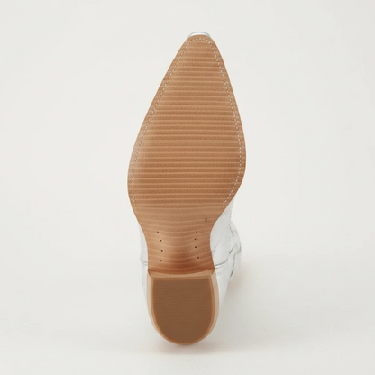 Yehaw Bernarda silver vegan leather mid-calf cowgirl boots with intricate embroidery and a pointed toe
