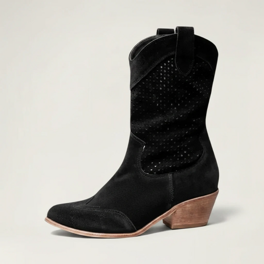 Yehaw black vegan leather ankle cowgirl boots with a perforated shaft and a medium block heel.