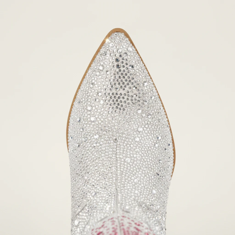 Yehaw knee-high vegan leather cowgirl boots with pink and silver rhinestones and a pointed toe.