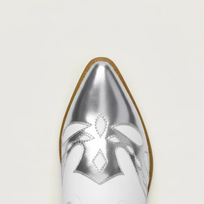 Yehaw MABEL mid-calf cowgirl boots in white vegan leather with metallic silver cut-out overlays and a block heel.