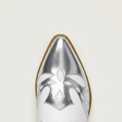 Yehaw MABEL mid-calf cowgirl boots in white vegan leather with metallic silver cut-out overlays and a block heel.
