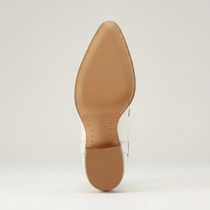 Yehaw BERNARDA beige vegan leather mid-calf cowgirl boots with silver glitter cutout details and a pointed toe.