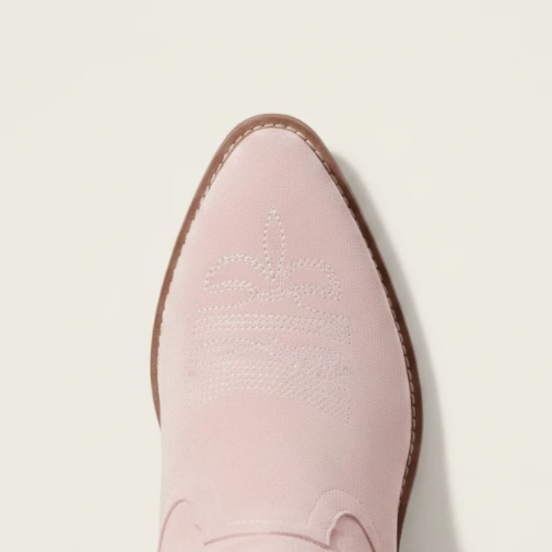 Yehaw pink vegan suede mid-calf cowgirl boots with round toe, western stitching, and medium block heel