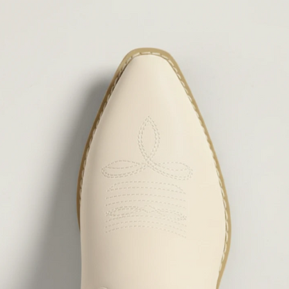 Yehaw beige vegan leather mid-calf cowgirl boots with pointed toe and western embroidery details