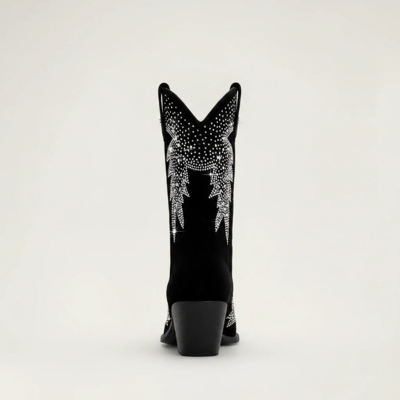 Yehaw BESSIE black vegan suede mid-calf cowgirl boots with pointed toes and silver rhinestone western patterns