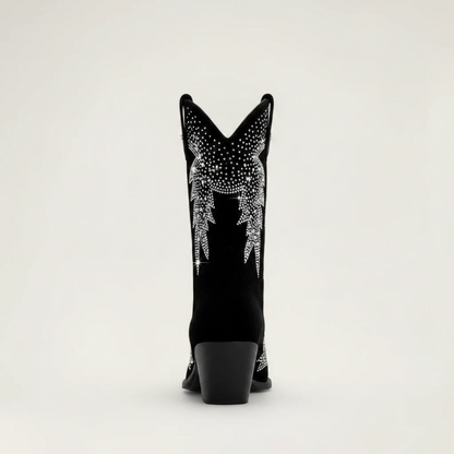Yehaw BESSIE black vegan suede mid-calf cowgirl boots with pointed toes and silver rhinestone western patterns