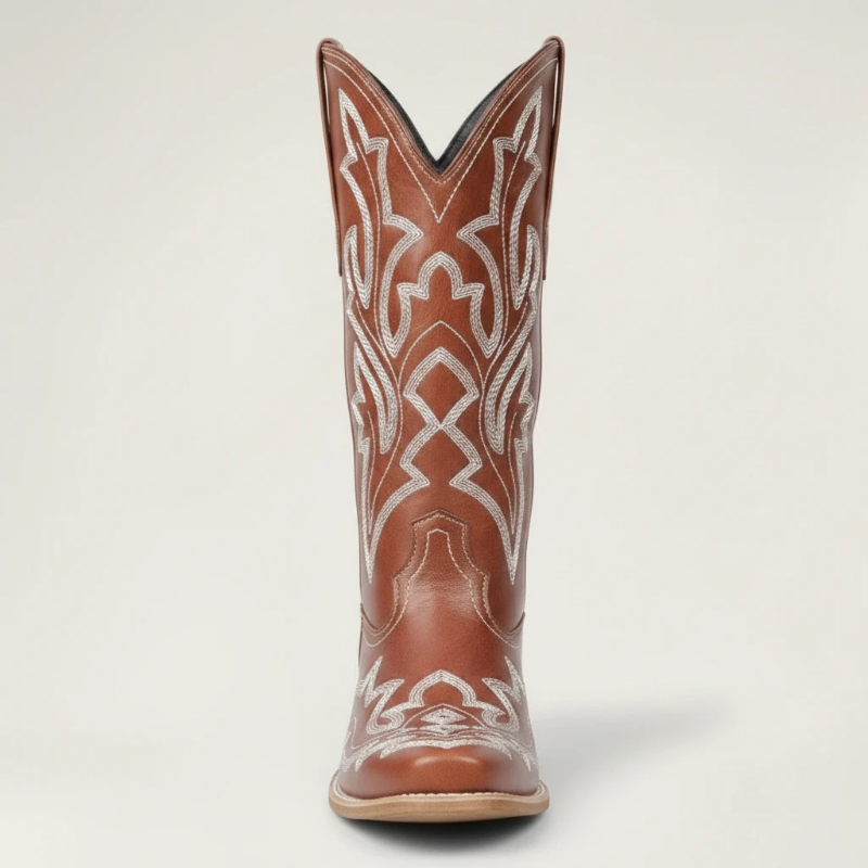 Yehaw brown vegan leather mid-calf cowgirl boots with white western embroidery and a round toe design.
